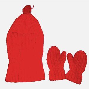Vintage 70s Kids Knit Ski Face Mask and Mittens Set Handmade Red Unisex
